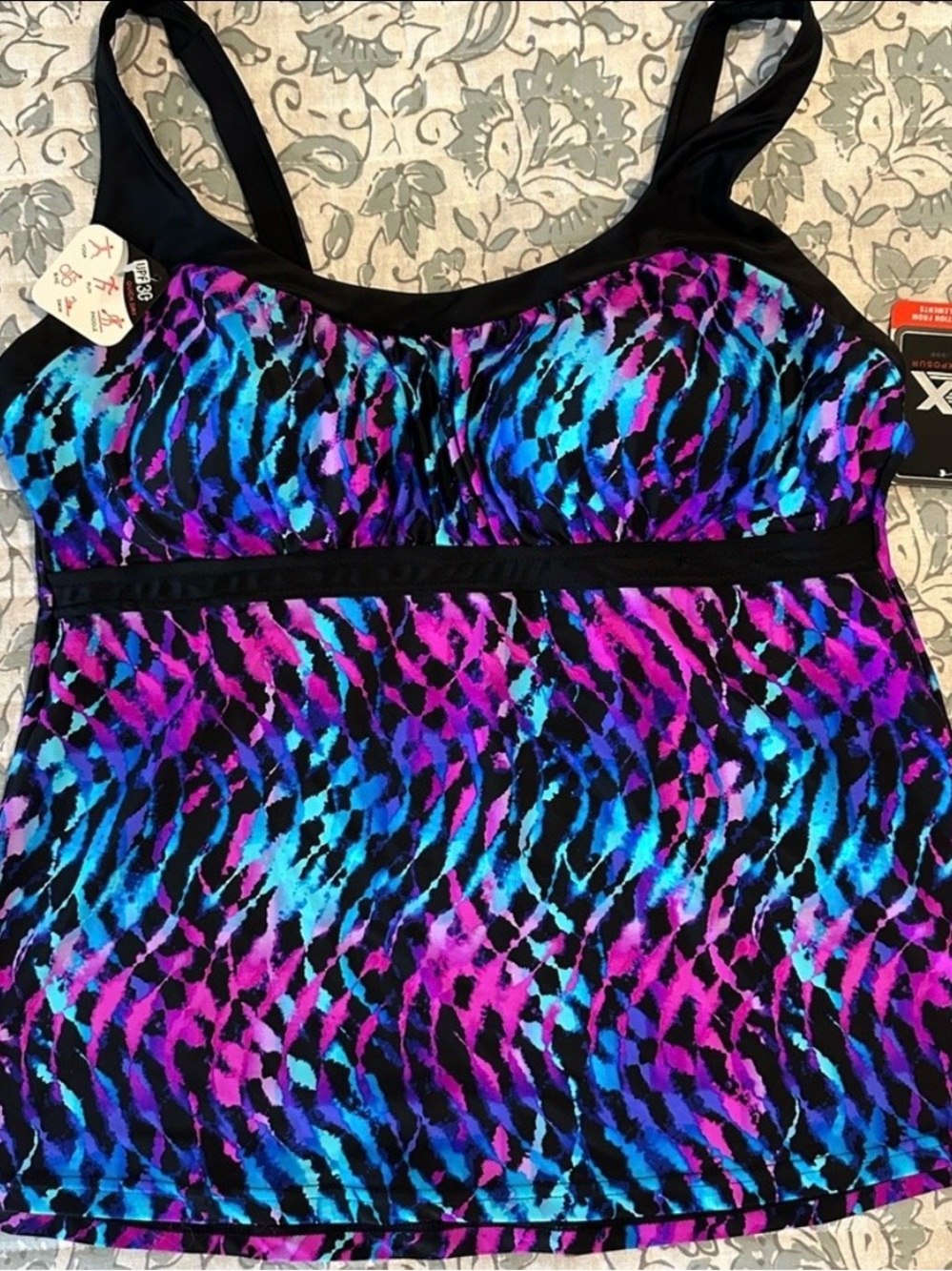 NWT ZeroXposur Black Swim Tankini Top with Blue and Purple Abstract Print- XXL